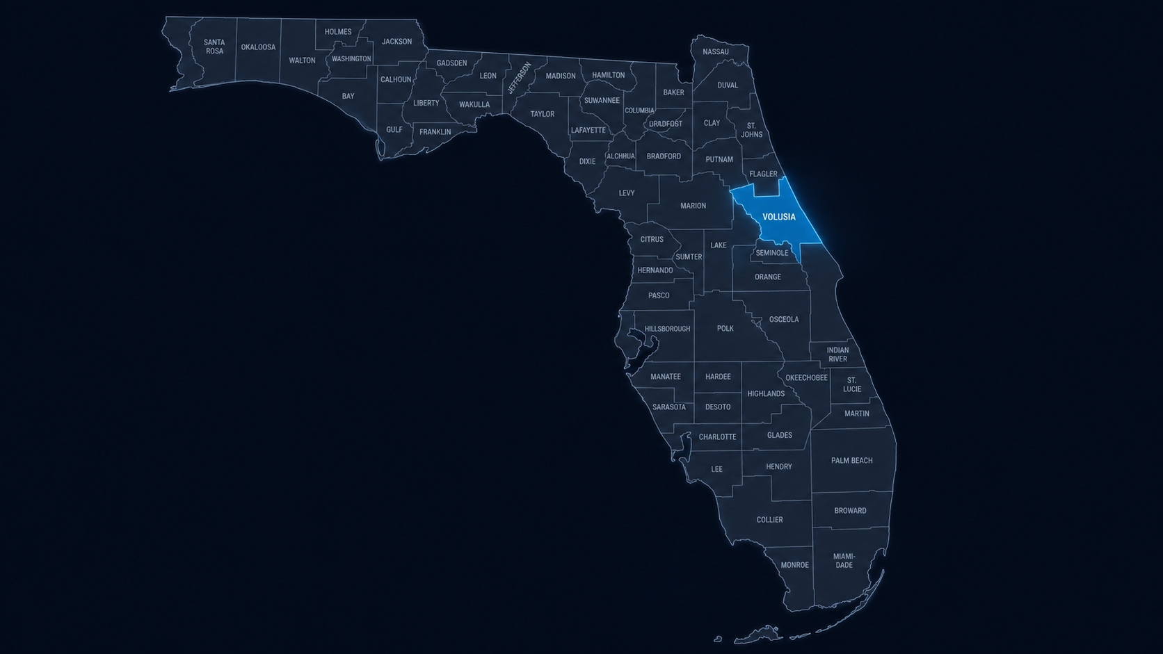 Stylized Florida county map highlighting Volusia County for Dragline Data LLC service area